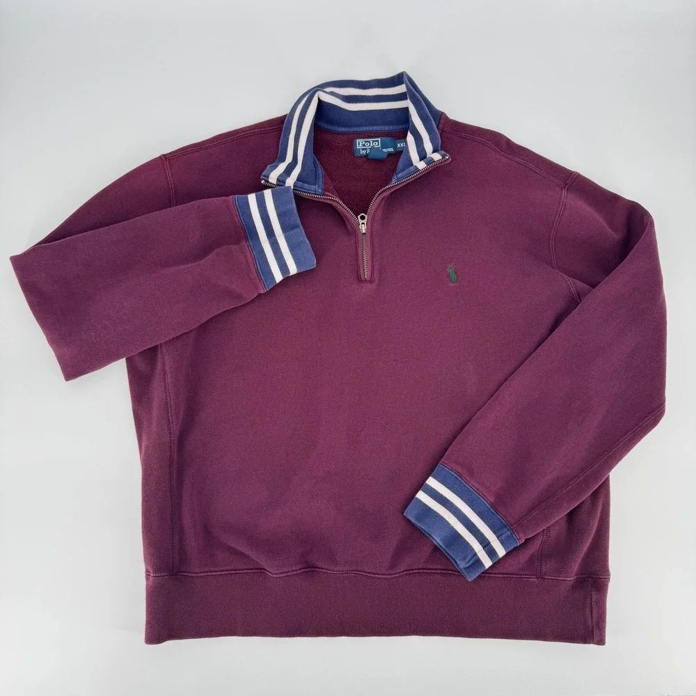 Polo Ralph Lauren Quarter Zip Sweatshirt‎ XXL Plum Burgundy Green Pony Mens